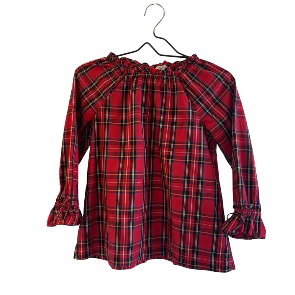 crewcuts J. Crew 100% Cotton Plaid Ruffle Neck Red Black Tartan Top Girls Sz 14